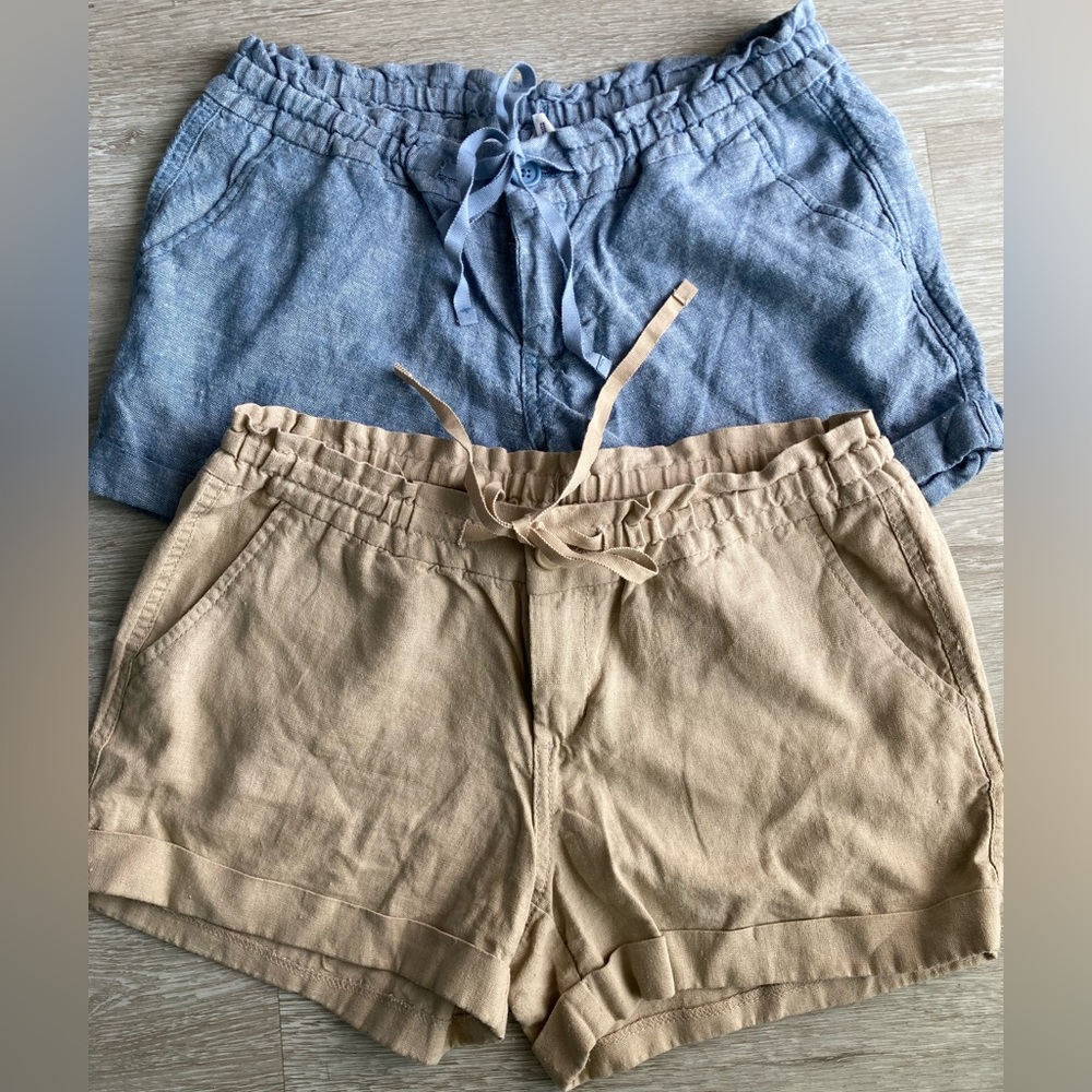 Casual Drawstring Linen-Blend Women's Shorts in Blue and Tan
